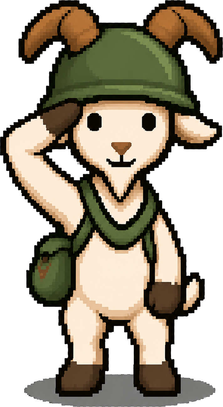 PrivateGoat, a small goat in an olive helmet, saluting
